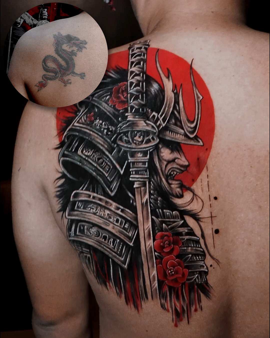 Full forearm samurai and Japanese architecture design The Hendric Shinigami Tattoo Studio Best Cover-Up Tattoo Specialist in Bali